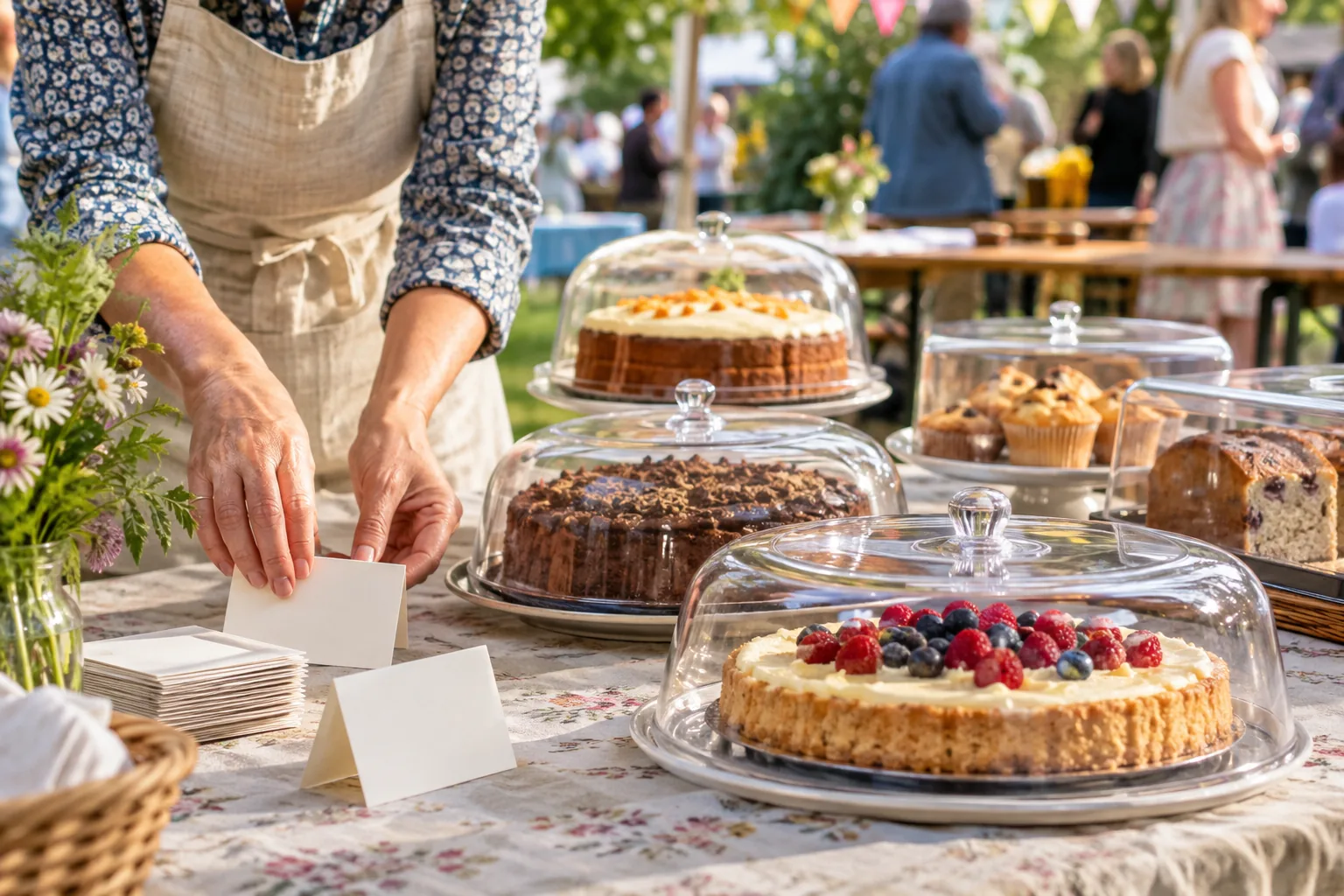 Abgedeckte Kuchen werden an einer Annahmestelle für ein Vereinsfest geordnet