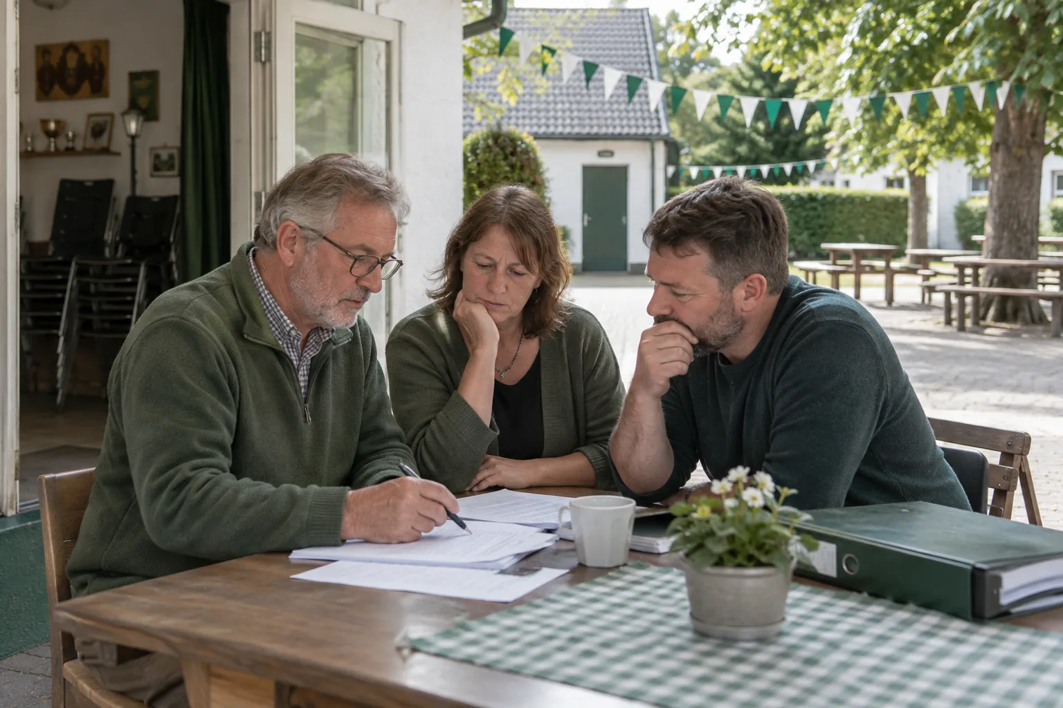 Ein Vereinsteam bespricht Budget und Aufwand eines Festes im Gemeinschaftshaus