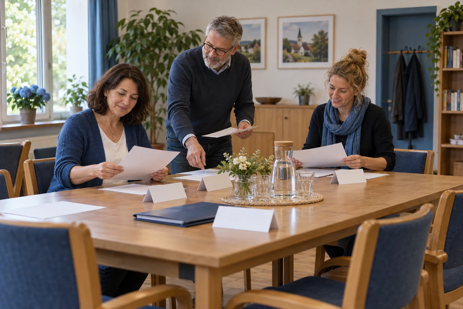 Drei ehrenamtliche Personen bereiten an einem Tisch im Vereinsraum eine Versammlung mit neutralen Unterlagen vor